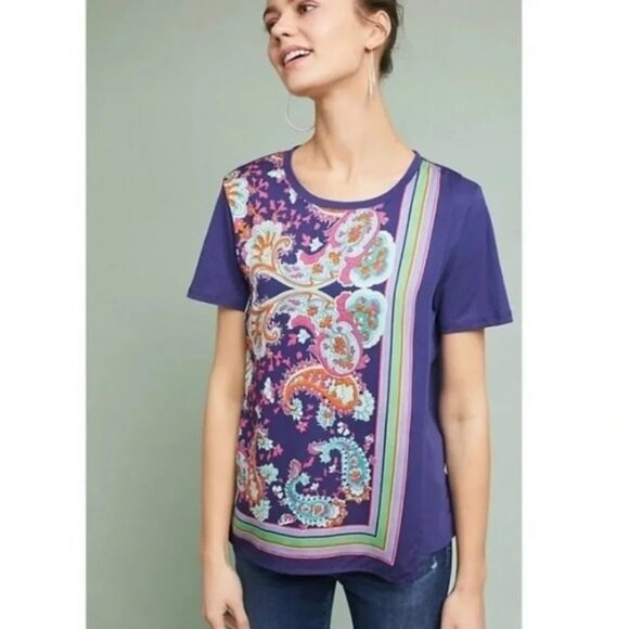 Anthropologie Maeve Womens Purple Paisley Overlay Short Sleeve Top Size XS Boho - Picture 3 of 9